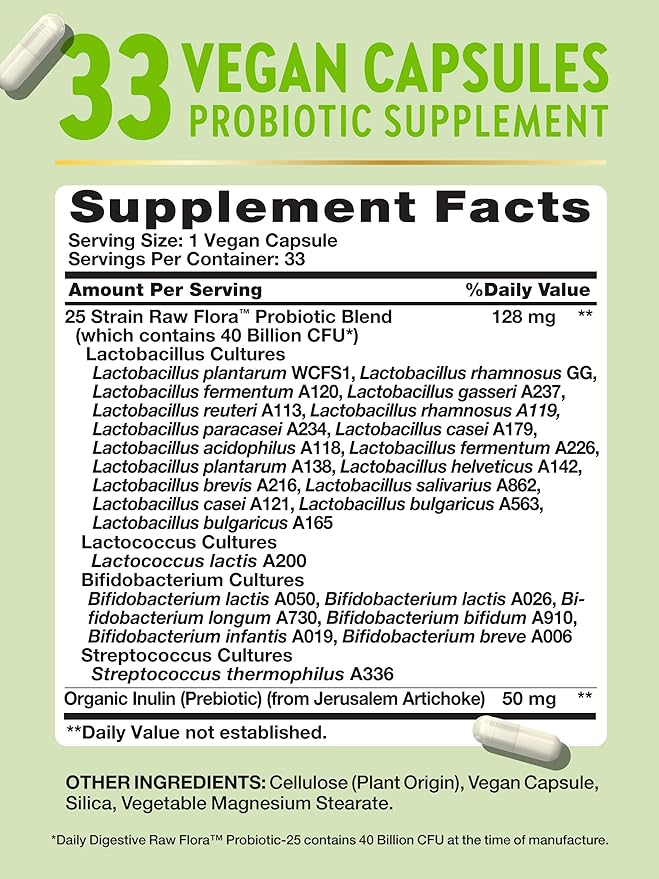 Nature's Truth Raw Flora Probiotic with Prebiotics | 40 Billion CFU | Daily Digestive Vegan Capsules | Gluten Free Supplement for Men and Women
