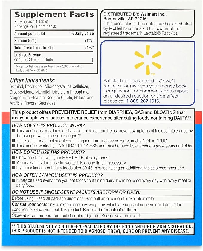 Equate Fast Acting Dairy Relief Lactase Enzyme Dietary Supplement Vanilla Flavor chewables Tablets 32 Count (Pack of 1) + CreativeAndBundle Sticker