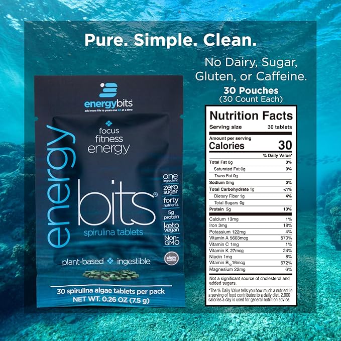 ENERGYBITS - Organic Spirulina Tablets - Plant-Based Algae Superfood - for Focus, Fitness, Energy - Plant Protein - Gluten Free - Collagen, Vitamin B12, Omega 3 - Keto & Vegan - 900 Algae Tablets
