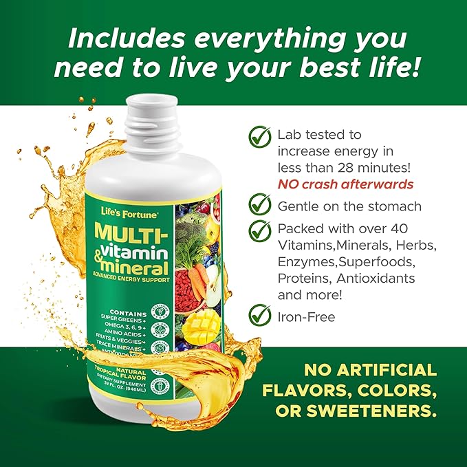 Life's Fortune Liquid Multivitamin for Men, Women & Teens, High Absorption Vitamins with Biotin, Vitamin C, D3, Minerals | Non-GMO, No Sugar Added | Supports Hair, Body Health & Energy | 32 oz