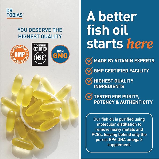 Dr. Tobias Omega 3 Fish Oil & Collagen Peptide Supplements, Supports Heart, Brain, Bone, Joint & Immune System, Promotes Hair, Skin, Nail Health and Beauty