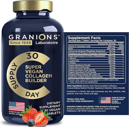 Vegan Collagen Supplements for Women and Men - Plant Based Collagen Boost Tablets - Beauty Booster Vegan Biotin, Hyaluronic Acid, Amino Acids, Organic Collagen Peptides - 30 Collagen Vegan Pills