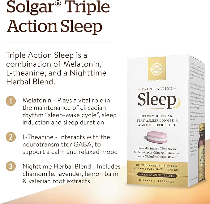 Solgar Triple Action Sleep, 60 Tri-Layer Tablets - Time-Release Melatonin & L-Theanine Plus Herbal Blend - Helps You Relax, Fall Asleep Fast & Stay Asleep Longer - Non-GMO, Gluten Free - 60 Servings