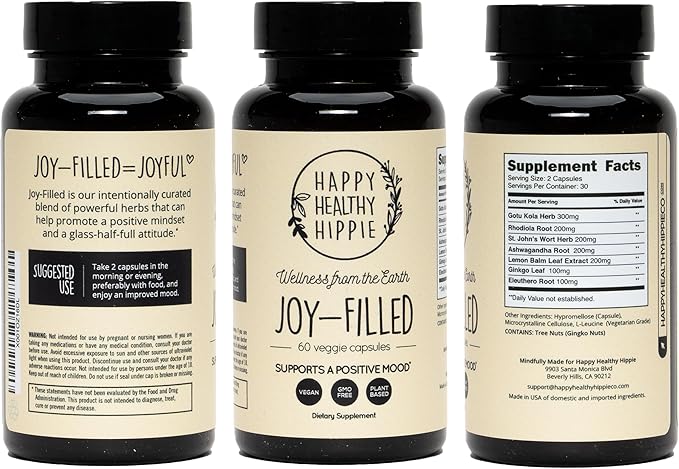 Joy-Filled Mood Support Supplement with St. Johns Wort | Stress Relief – Helps Calm The Mind & Body | 100% Plant-Based Happy Pills, Ashwagandha, Rhodiola Rosea, Eleuthero | Herbal Adaptogens, 60 Ct