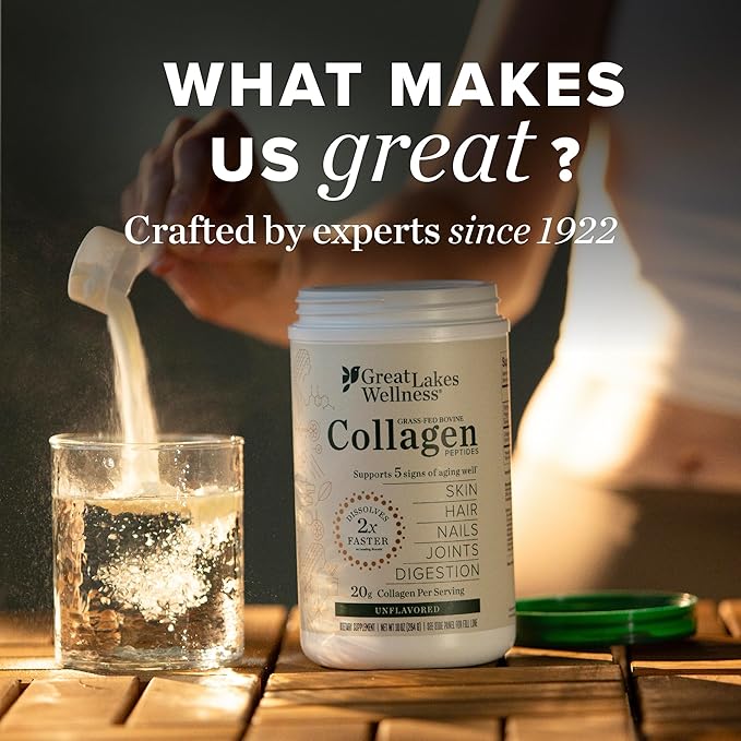 Great Lakes Wellness Collagen Peptides Powder for Skin, Hair, Nails, Joints & Digestion - Vanilla Flavored - Quick Dissolve Hydrolyzed, Non-GMO, Kosher - 10 oz