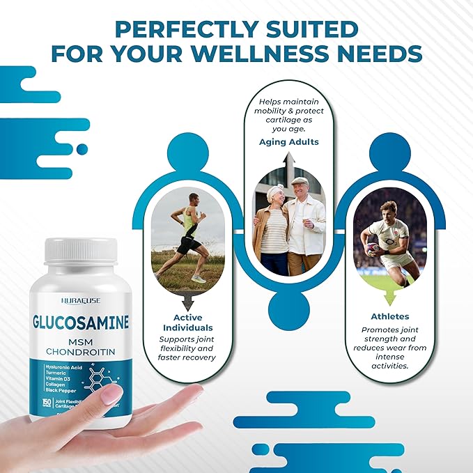 GLUCOSAMINE 9-in-1 Formula - with MSM Chondroitin Collagen Turmeric Hyaluronic Acid Vitamin D3 Non-GMO, Gluten-Free, Soy-Free
