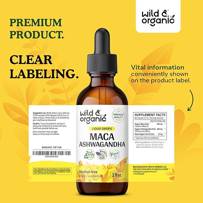 Wild & Organic Maca Ashwagandha Drops for Men and Women - Peruvian Maca Root and Ashwagandha Tincture for Overall Support - Vegan, Sugar & Alcohol-Free Extract Supplement - 2 fl oz