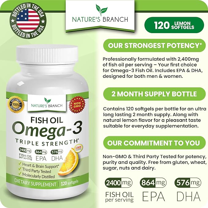 Best Triple Strength Omega 3 Fish Oil Pills 2400mg | 120 Capsules | Burpless High Potency Lemon Flavor | 864mg EPA 576mg DHA Ultra Pure Liquid Softgels | Brain Joints Eyes Hair Heart Health Supplement