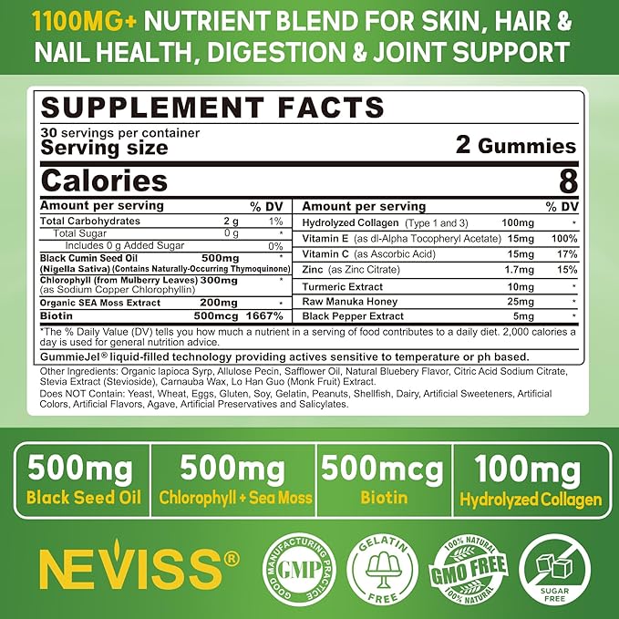 NEVISS Black Seed Oil Gummies, Chlorophyll & Sea Moss Supplement + Prebiotics Fiber Gummies for Adults Sugar Free