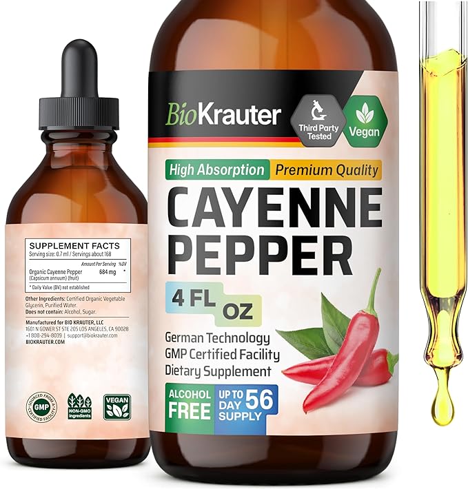 BIO KRAUTER Cayenne Pepper Extract Liquid - Pure Capsaicin Extract - Liquid Cayenne Pepper Drops for Digestive Support - Sugar & Alcohol Free 4 Fl.Oz.