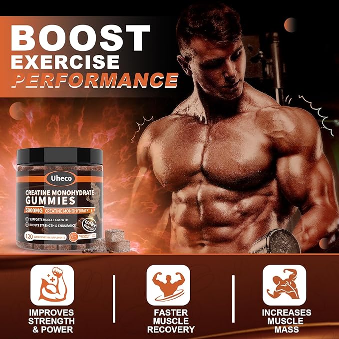 Coffee Flavor Creatine Monohydrate Gummies for Men & Women,Contains L-Taurine + Vitamin B12, Betaine, L-Citrulline for Improve Exercise Endurance, Muscle Strength -120 Count