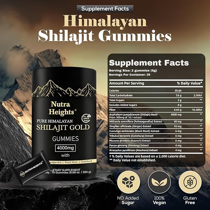 Himalayan Shilajit Gummies Gold – No Added Sugar – Ashwagandha, Gokshura, Fulvic Acid & 85+ Trace Minerals – Natural Supplement for Men & Women – 70 Vegan Gummies – Non-GMO & Organic