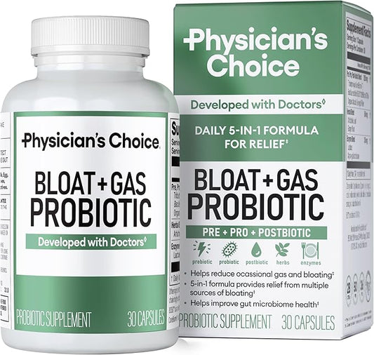 Physician's CHOICE Bloat & Gas Probiotic 5-in-1 Proactive Support + Daily Relief - Digestion & Gut Health- Herbals, Digestive Enzymes, Post & Prebiotics - Gas Relief for Adults - Women & Men - 30ct