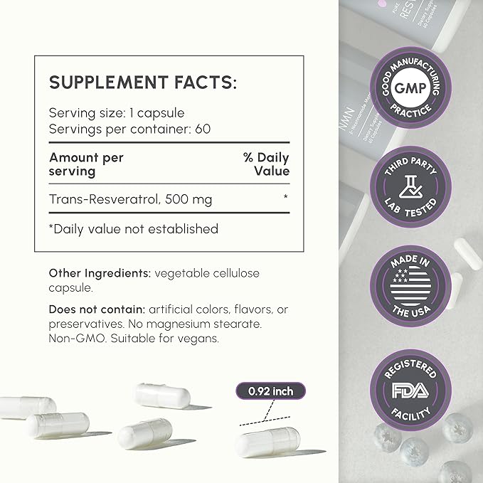 High Purity Trans Resveratrol Supplement 500mg - Each Capsule Exceeds 98% Purity - 3rd Party Tested - Vegan - Sirtuin Activating and Cell Protecting Supplement - 60 Capsules