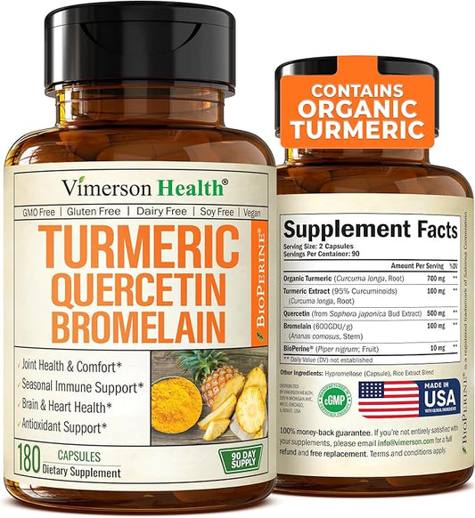 Quercetin with Bromelain Turmeric Supplement - Quercetin 500mg Capsules + Curcumin with Black Pepper - Joint Supplements for Women & Men. Bromelain Turmeric Curcumin Supplement. 180 Tumeric Capsules