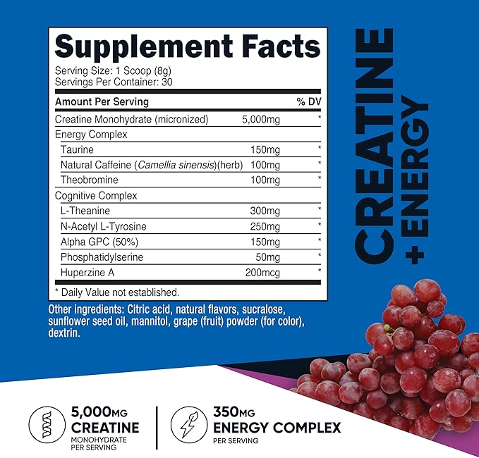 Nutricost Creatine + Energy 30 Servings (Grape Flavored) - 5,000mg Creatine Monohydrate + 350mg Energy Complex Per Serving