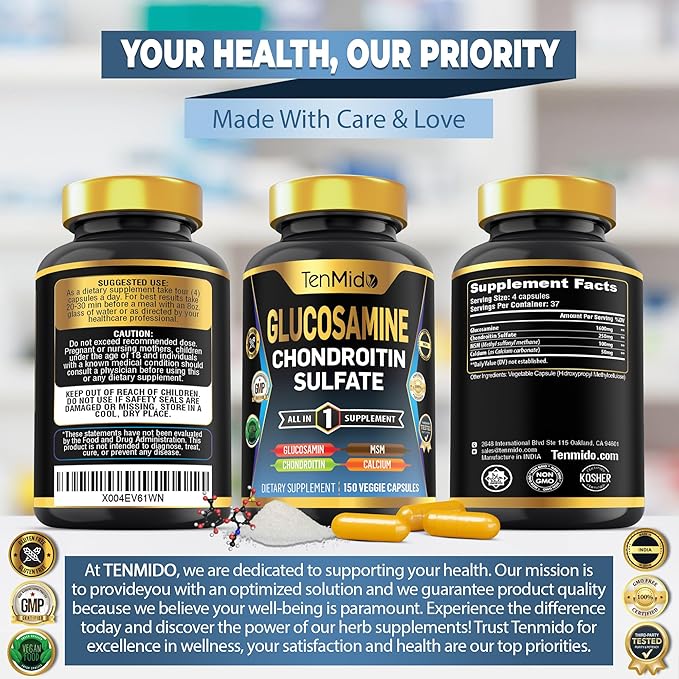Glucosamine Chondroitin MSM Supplement for Men and Women - 4in1 Formula - Joint & Bone Health Support - 150 Capsules