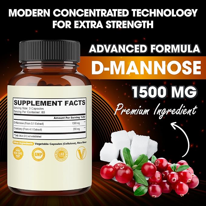 agobi D-Mannose 1300mg with Cranberry 200mg Supplement - 60 Capsules - Support for UTI Health, Immune System & Body Management - Gluten-Free, Non-GMO