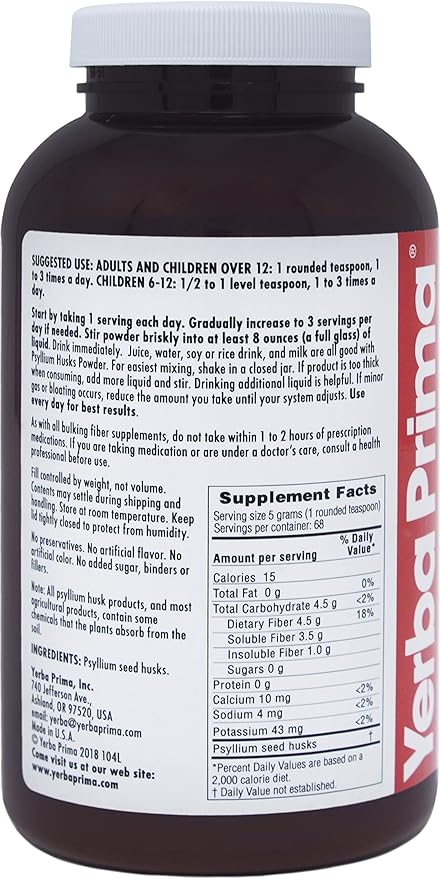 Yerba Prima Psyllium Husks Powder 12 oz - Natural Fiber Supplement - Colon Cleanser - Gut Health - Vegan, Non-GMO, Gluten-Free (New Label - Packaging May Vary)