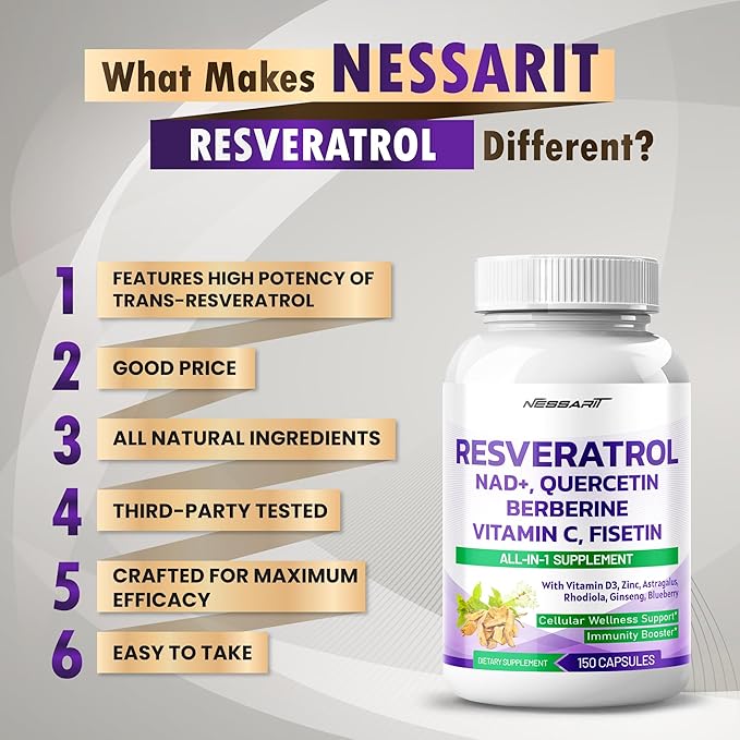 RESVERATROL Supplement - 18-in-1 Natural Blend with NAD + Milk Thistle Astragalus Rhodiola Gotu Kola Elderberry Blueberry - 150 Count - Made & Tested in The USA