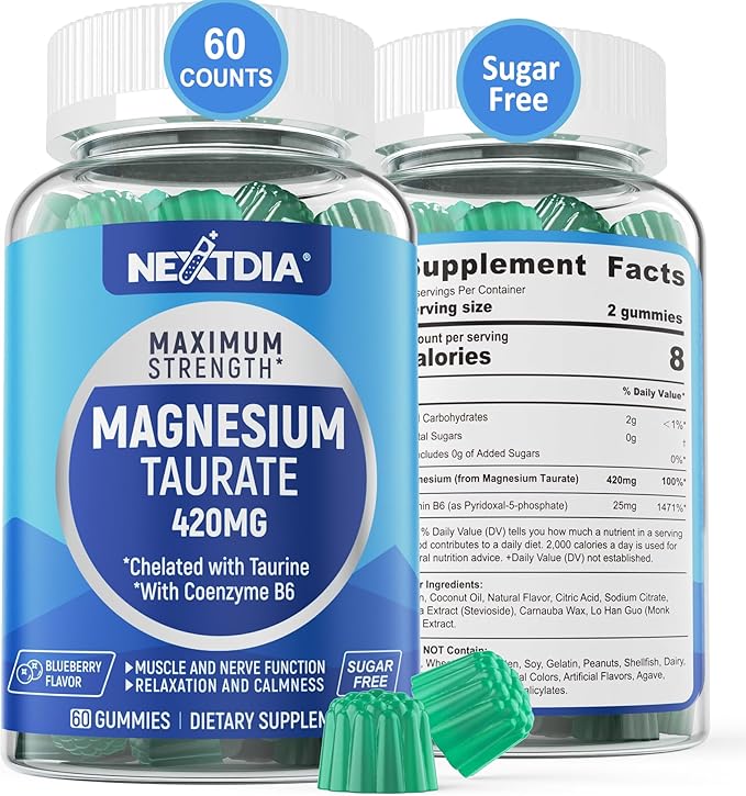 Magnesium Taurate 420mg + Vitamin B6 for Enhanced Absorption, Supporting Hēalthy Hēart, Zzzs, Relaxation, Nerve & Muscle Health – Vegan, Non-GMO, Gluten-Free, Sugar-Free, 60 Cts