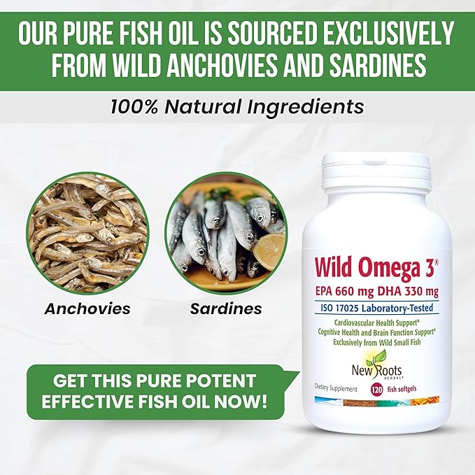 New Roots | Wild Omega-3 Fish Oil Supplement 900mg + EPA 600mg DHA 330 mg, Highest Concentration + Vitamin E (120 Softgels)