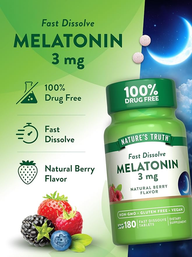 Nature's Truth Melatonin 3mg Fast Dissolve Tablets | 180 Count | Natural Berry Flavor | Vegan, Non-GMO & Gluten Free Supplement