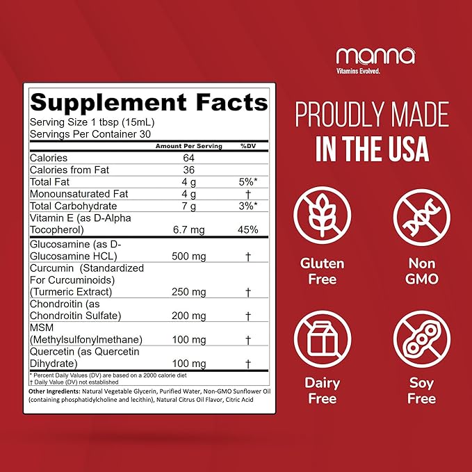 Manna Liposomal Joint Relief Supplement for Women & Men with Curcumin, Glucosamine, Chondroitin, MSM, Quercetin, Turmeric, for Joint Health, Swelling & Aches, Increase Range of Motion & Mobility