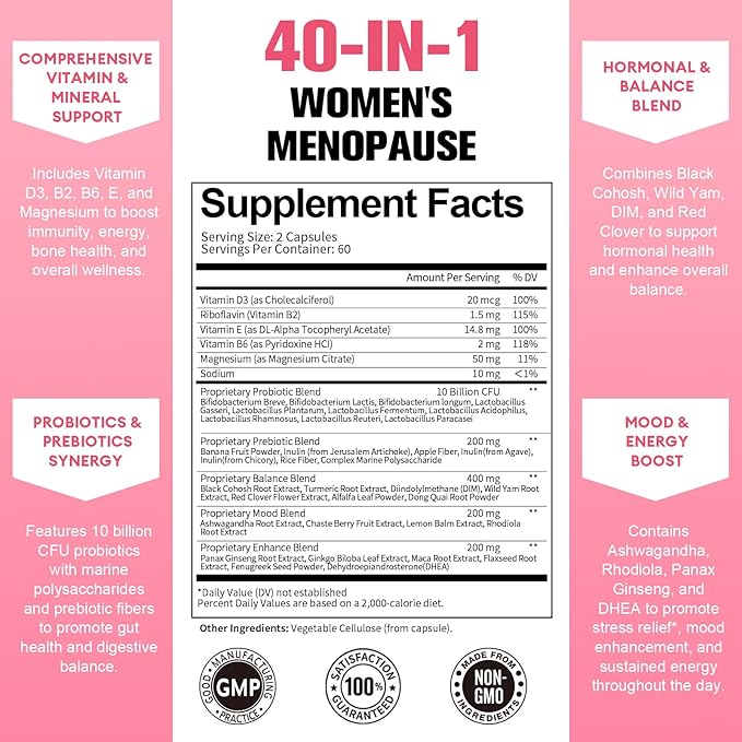 40-in-1 Menopause Supplements for Women, Multibenefit & Complete Black Cohosh for Hot Flashes, Night Sweats & Hormone Balance, w/ Probiotics, DIM, Vitex, Dong Quai, Red Clover and More, 120 Vegan Caps