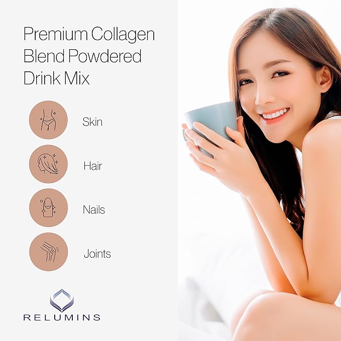 Relumins Marine Collagen Powder Drink Mix - Collagen Peptide with Glutathione, Green Tea, CoQ10, & Hyaluronic Acid Boosts Smooth Glowing Skin - 20 Powder Sachets x Vanilla Flavored + 2 Free Sachets
