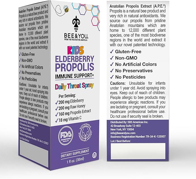 Bee and You, Kids Immune Support Supplement Throat Spray, Elderberry, Raw Honey, Propolis Extract, Vitamin C, Strawberry Juice, Antioxidants, Sore Throat Relief, 1 fl. Oz