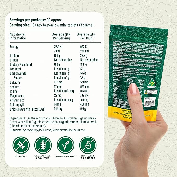 Biogenesis Australian Organic SuperGreens Plus Chlorella, Barley Grass, Wheat Grass, Marine Plant Minerals Australia, Tablets (200 mg) (300 Count)