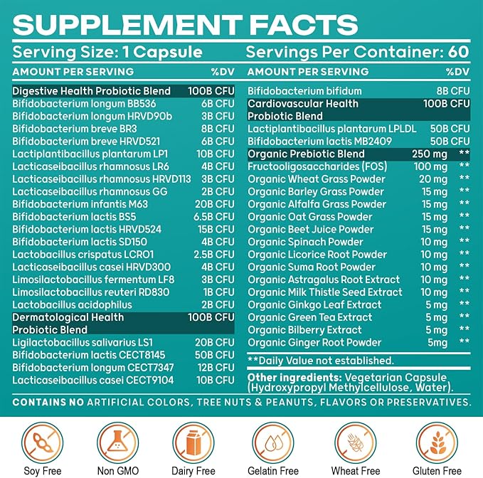 300 Billion CFU & 24 Strains Probiotic with 15 Organic Herbs Prebiotics, for Overall Digestive Health, Immune, Constipation, Gut & Bloating Health - 1 Pack -145