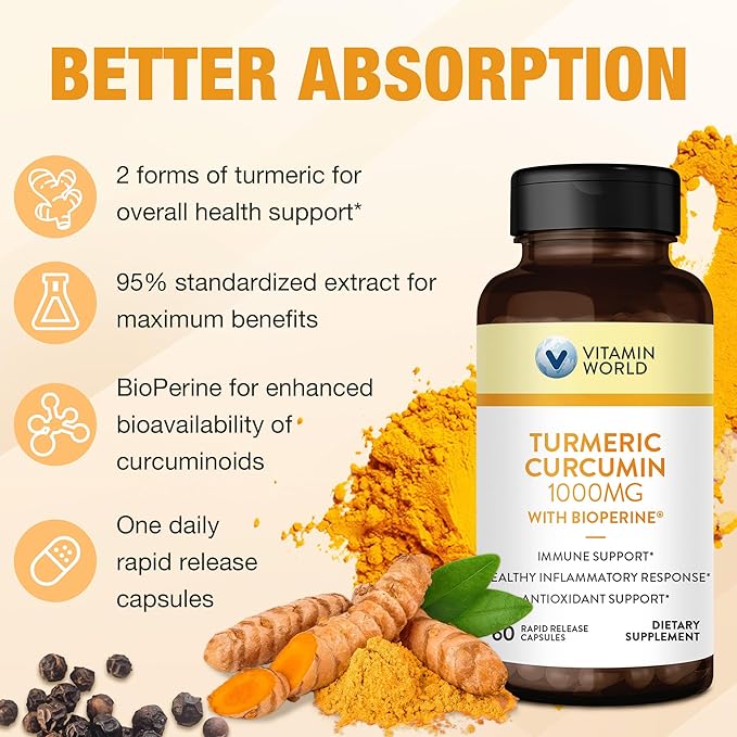 Vitamin World Turmeric Curcumin 1000mg, BioPerine Black Pepper Extract for Better Absorption, 95% Curcuminoids, Turmeric Supplement for Antioxidant & Joint Support, Gluten-Free, 60 Capsules