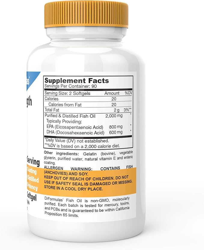 DrFormulas 2000mg Triple Strength Omega 3 Fish Oil with EPA and DHA, 180 Burpless Softgels