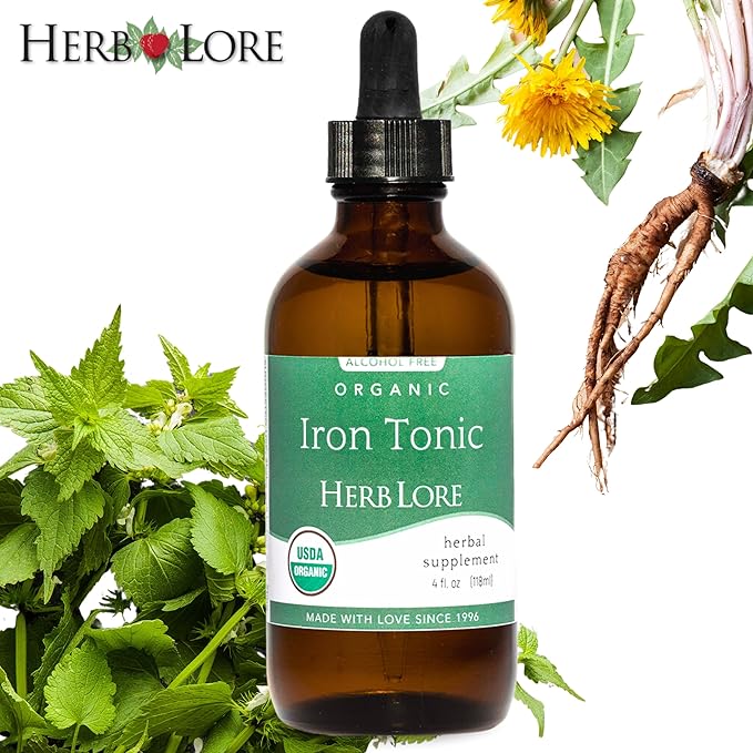 Herb Lore Iron Tonic - Organic Liquid Iron Drops Supplement for Kids & Women - Baby, Infant & Toddler Friendly - Plant Based, Vegan, Gentle, Non Constipating Herbal Tincture (4 fl oz)