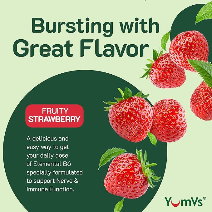 YUM-V'S Vitamin B6 Gummies - High Potency Vitamin B6 100mg - Strawberry Flavor B6 Vitamins Gummies - Nerve & Immune Function, Non GMO Kosher, 60 Count
