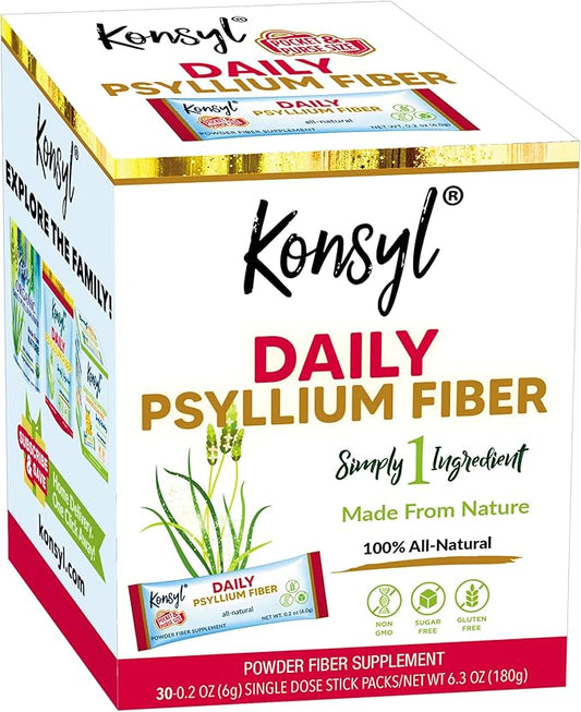 Konsyl Daily Psyllium Fiber Stick Packs - On-The-Go Fiber Supplement Powder - Convenient, All-Natural Soluble Fiber, Gluten-Free & Sugar-Free, Vegan & Keto - 30 Packets