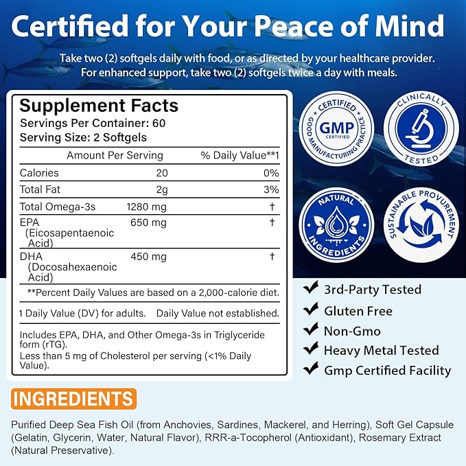 Omega 3 Fish Oil,Fish Oil Omega 3 Supplement for Women & Men,1280mg Per Serving High EPA & DHA Supports Heart, Brain & Joint Health,Non-GMO