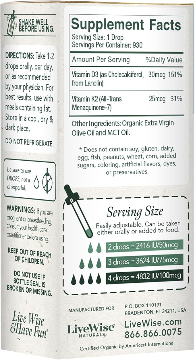 Vitamin D3 with K2 Liquid Drops, All Natural, Non-GMO, 1208iu D3 and 25mcg K2 (mk7) per Serving, Support Your Bones, Immune System and Energy Levels, with or Without Peppermint Oil