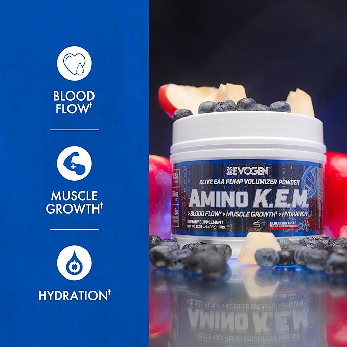 Evogen Amino K.E.M. - EAA & BCAA Powder Pump Volumizer | BCAAs Amino Acids Supplement for Blood Flow, Muscle Growth, & Hydration | Blueberry Apple | 30 Servings