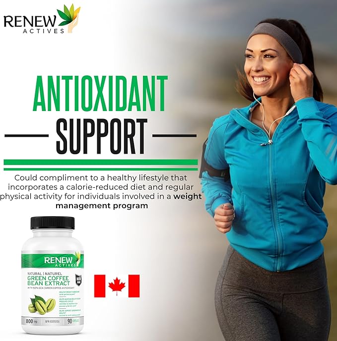 Renew Actives High Potency Green Coffee Bean Extract - 800mg per Serving Green Coffee Bean Extract with 50% Chlorogenic Acid for Antioxidant Benefits - Made in Canada - 90 Vegan Capsules