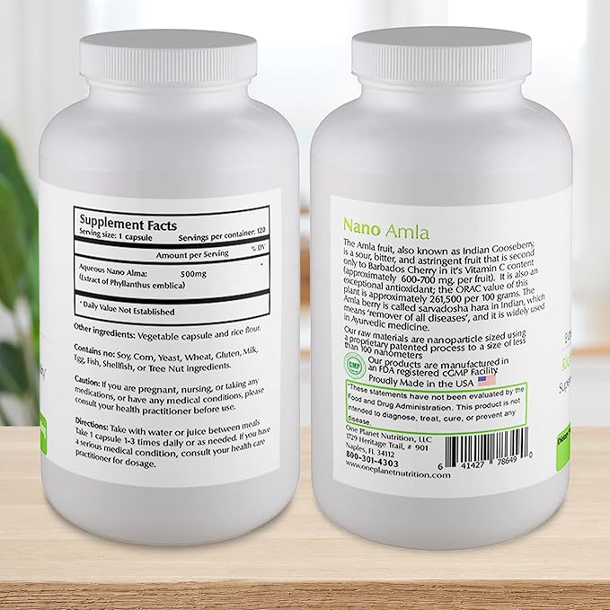 Nano Amla 500 mg Veggie Capsules (120 Servings), Amla Fruit Extract, High in Vitamin C for Collagen Production & Immune Support, Non-GMO, Vegan, Gluten-Free
