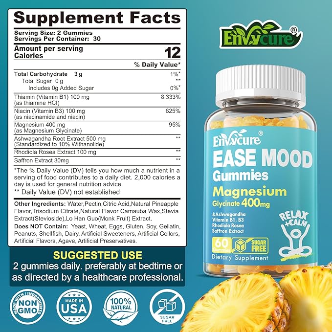 Sugar Free Magnesium Glycinate Gummies 400mg with Ashwagandha, B1, B3, Rhodiola Rosea & Saffron for Support Rest, Mood & Calm Magnesium Gummies for Adults, Chewable Magnesium Supplement, Vegan, 120Ct