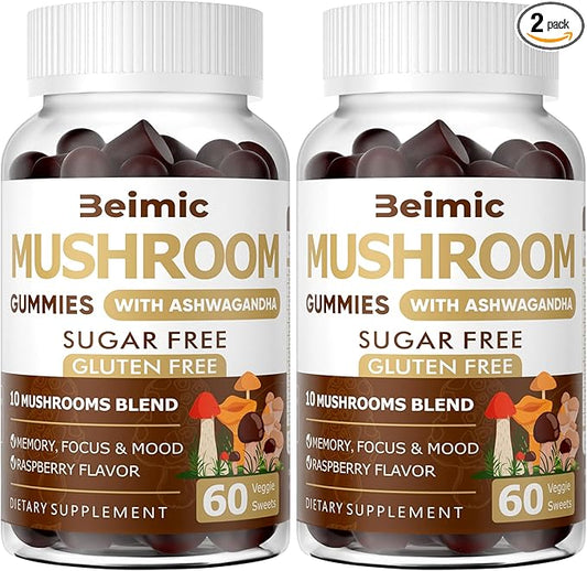 Mushroom Gummies - 10x Mushroom Supplement with Ashwagandha and Lions Mane (120 Chews) Nootropic Brain Supplement, Immune Support & Stress Relief (Pack of 2)