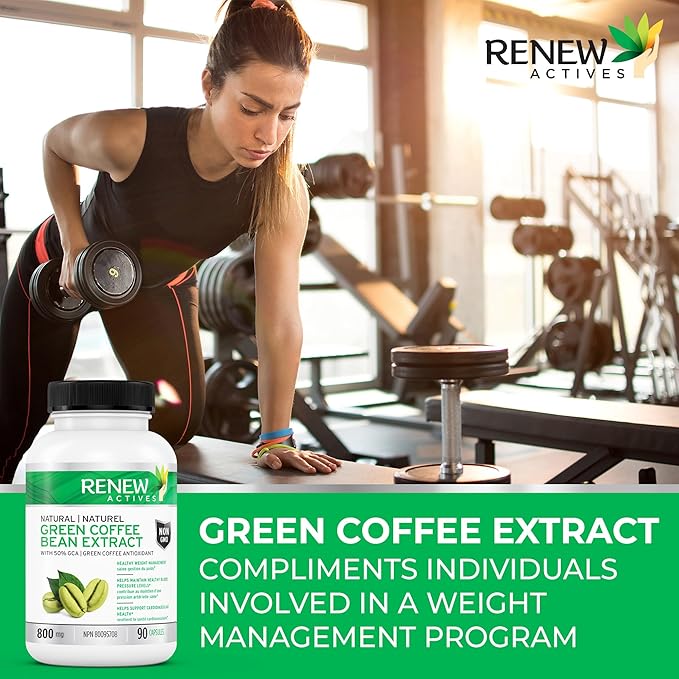 Renew Actives High Potency Green Coffee Bean Extract - 800mg per Serving Green Coffee Bean Extract with 50% Chlorogenic Acid for Antioxidant Benefits - Made in Canada - 90 Vegan Capsules