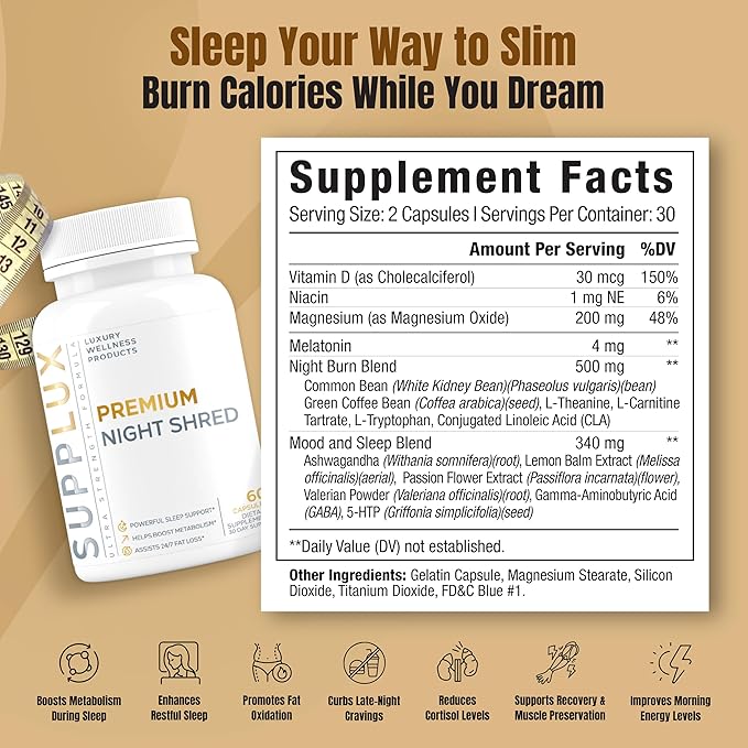 PREMIUM Night Shred - Bed Time Weight Loss Pills for Women & Fat Burner for Men - Sleep Aid, Appetite Suppressant, Metabolism Booster | 16 Research Backed Ingredients for Sleep, Relaxing - 60 Capsules