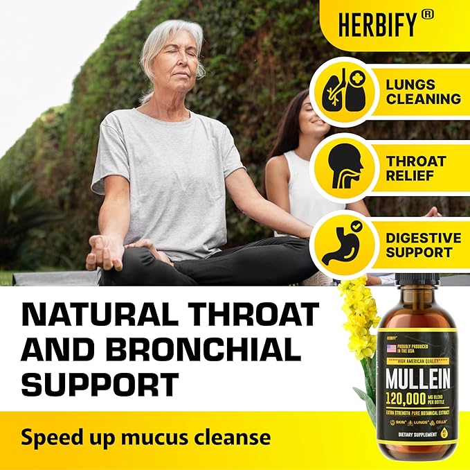 HERBIFY Mullein Drops - Lung Cleanse - Leaf Extract - Powerful Mullein for Immune Support,Detox & Respiratory Support - Made in USA - Herbal Supplements - 4 Oz