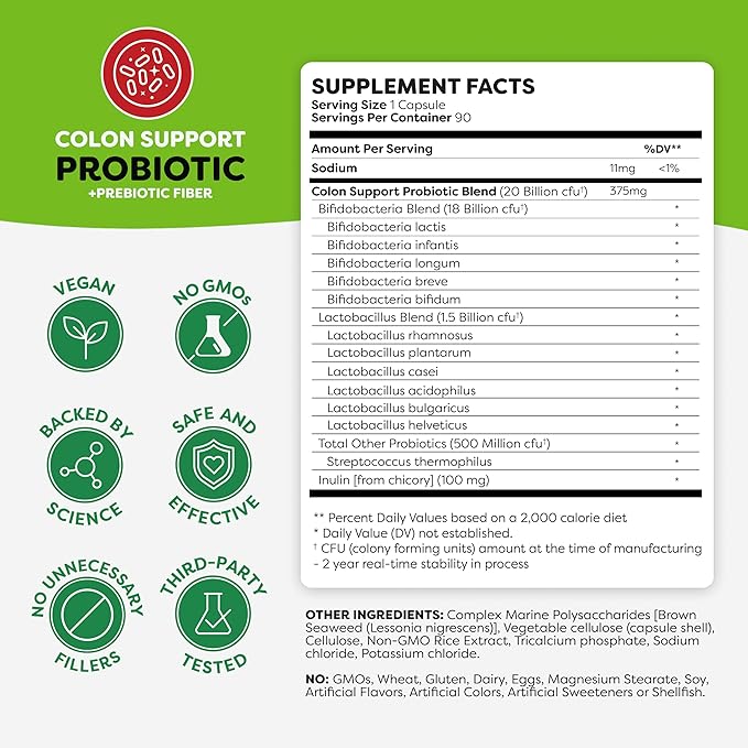 Probulin Colon Support Probiotic Supplement, Daily Gut, Digestive, and Immune Health Probiotics Capsules for Men and Women, 20 Billion CFU, Vegan, 90 Count Bottle