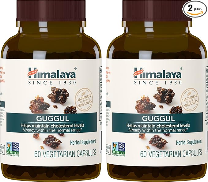 Himalaya Guggul, Cholesterol Supplement for Healthy LDL, HDL, and Triglyceride Levels, 750 mg, 60 Vegetarian Capsules, 1 Month Supply, 2 Pack